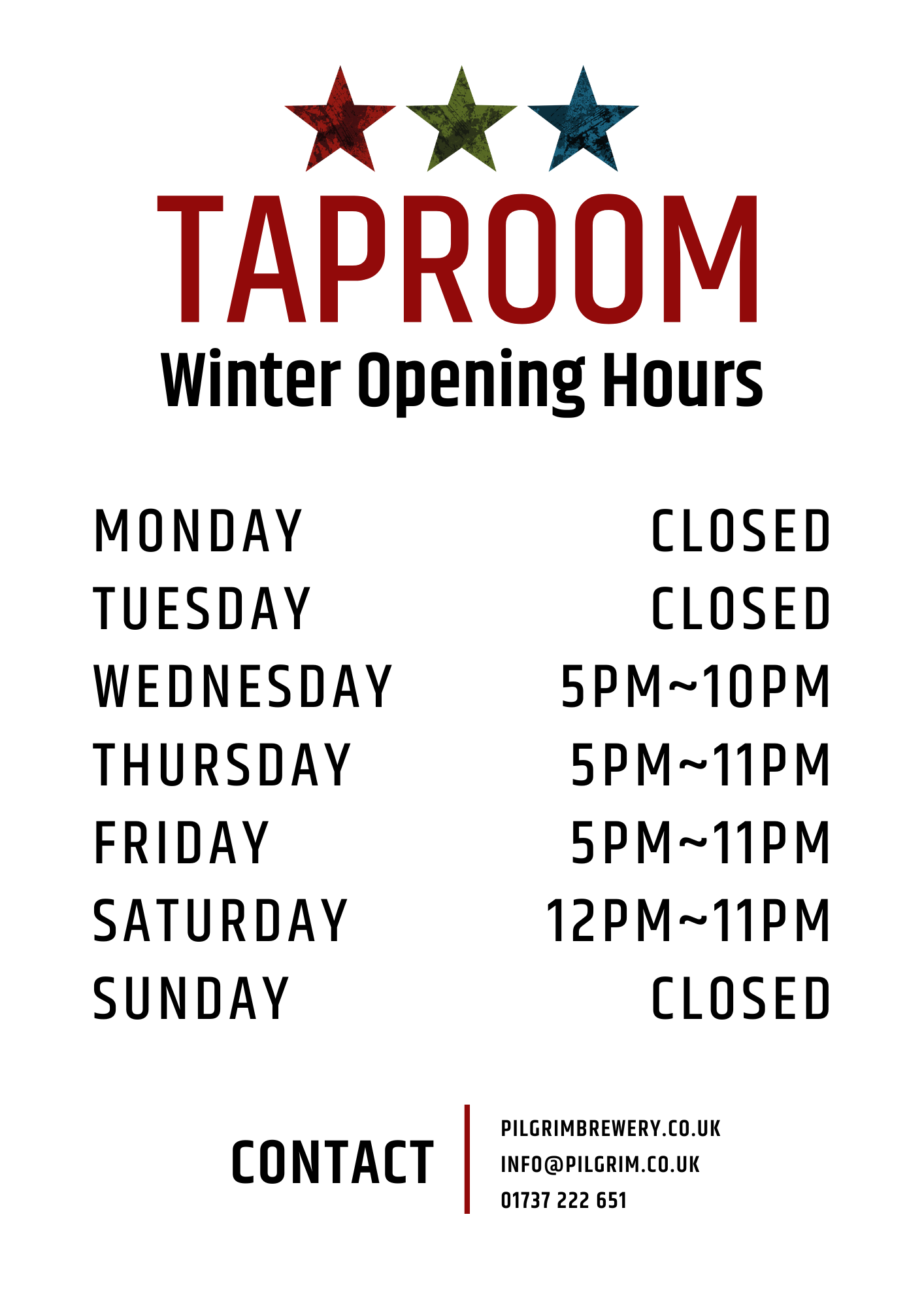 Brewery Taproom - Winter Opening Hours